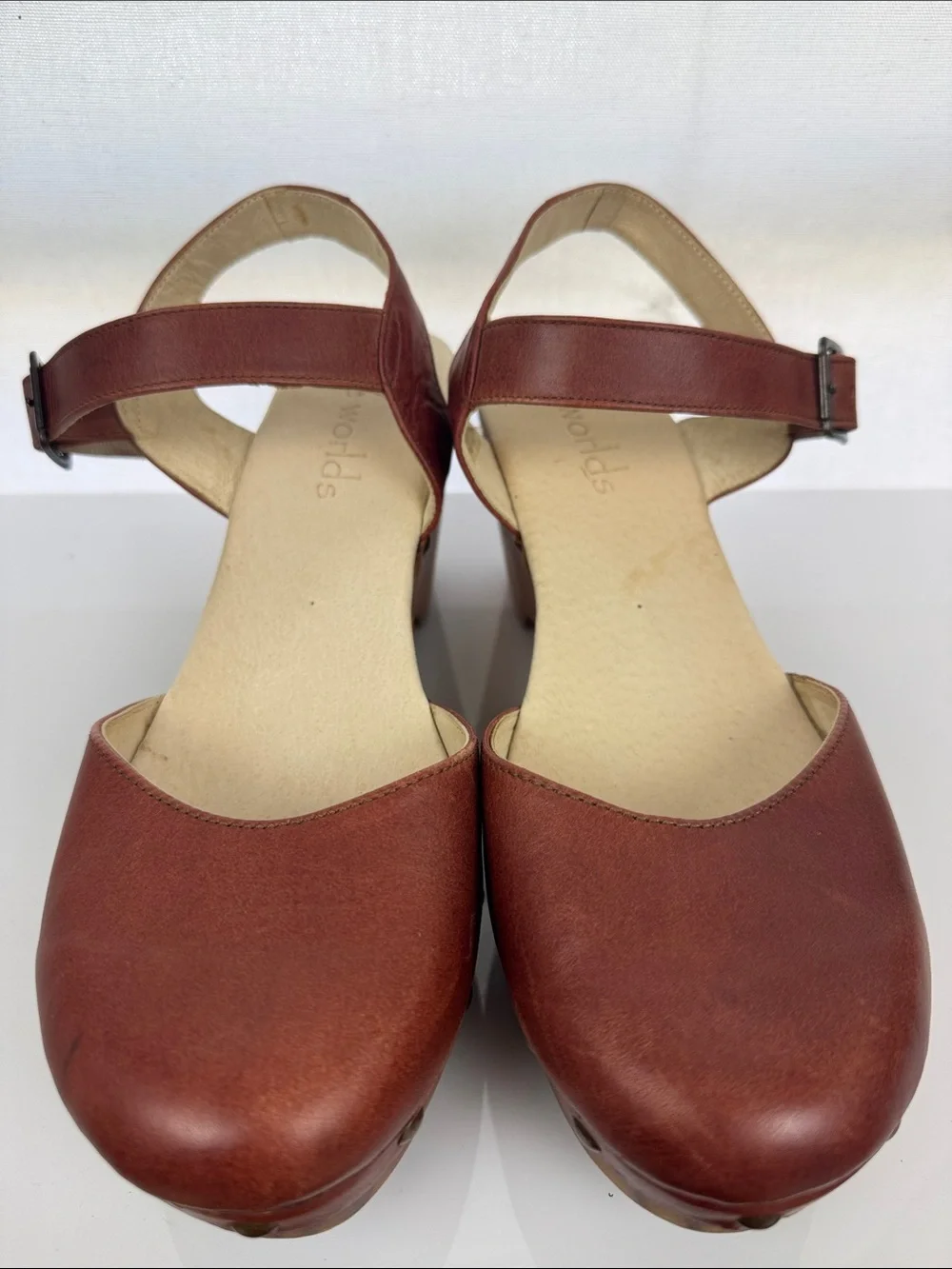 Five Worlds Women's Brown Leather Mary Jane Clog wood Heels studded 10 EUC - Picture 3 of 9